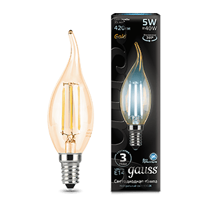 Gauss Лампа Filament Свеча на ветру 5W 420lm 4100К Е14 golden LED 104801805