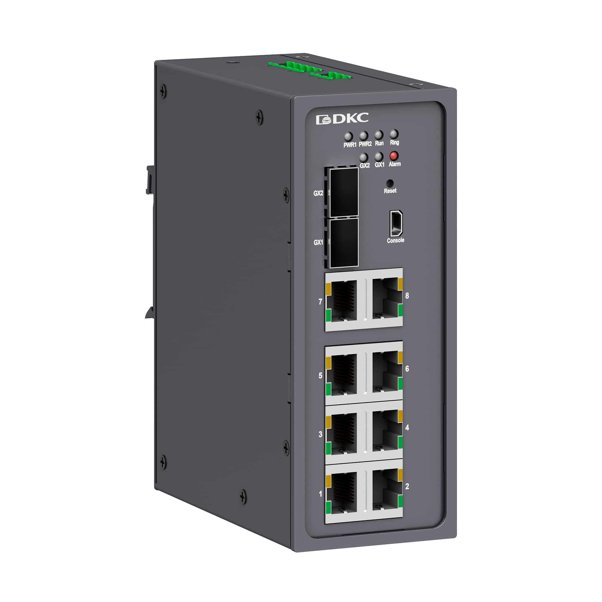 DKC Промышленный управляемый коммутатор, 2×100Base-X, 1000Base-X, 10/100/1000Base-T(X) SFP слота: 8×10/100Base-T(X) портов RJ45, консольный порт Mini