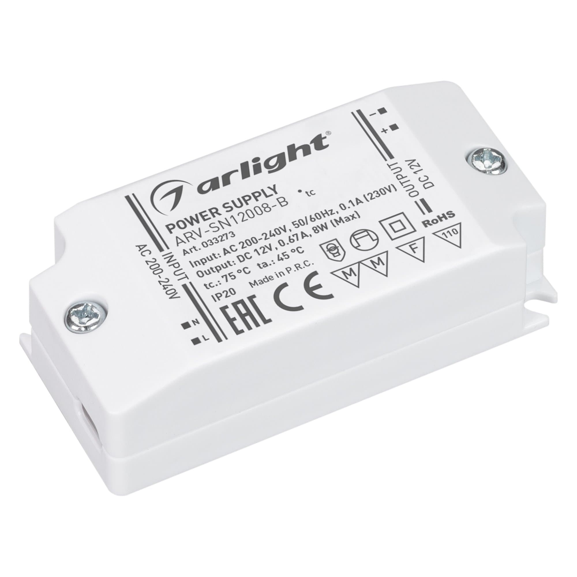Arlight Блок питания ARV-SN12008-B (12V, 0.67A, 8W) (IP20 Пластик, 3 года) 033273 — миниатюра 1