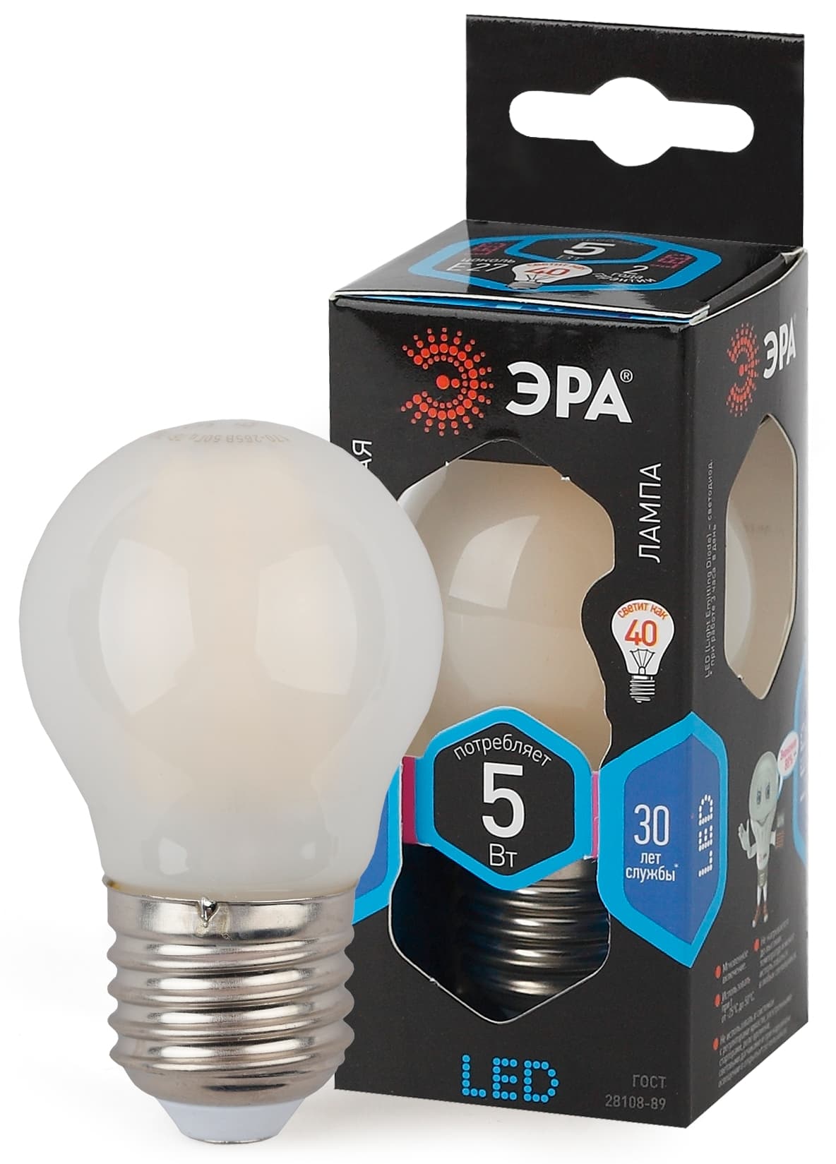 ЭРА F-LED P45-5W-840-E27 frost (филамент, шар мат., 5Вт, нейтр, E27)
