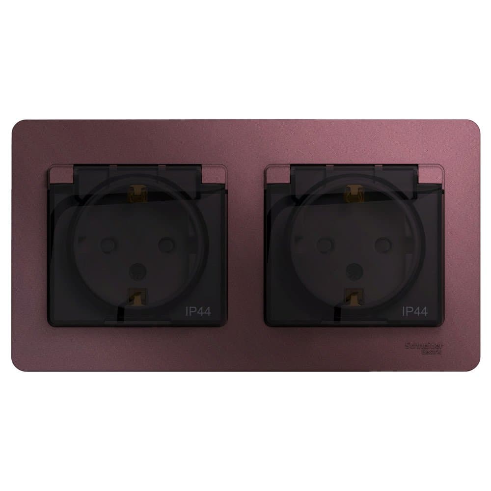 Systeme Electric Glossa Баклажановый Розетка 2-ая с/з, со шторками, в сборе, IP44