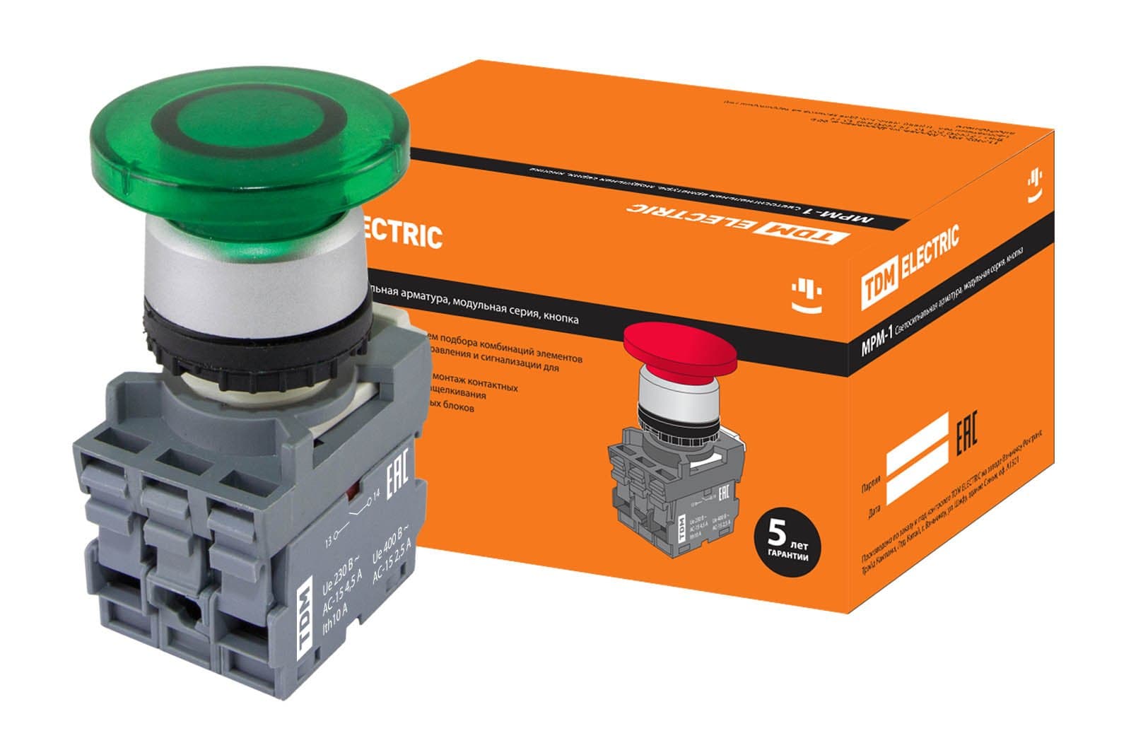 TDM Кнопка грибовидная МРМ1-11G(LED) в сборе d40мм/220B 1з+1р зеленая SQ0747-0031