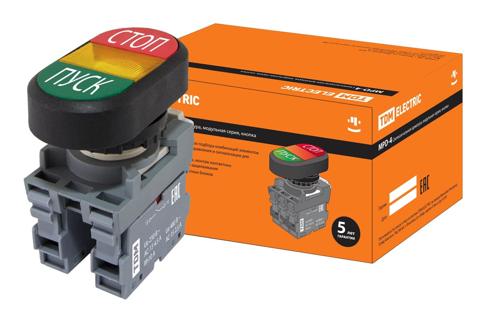 TDM Кнопка двойная MPD4-11Y (зеленая/красная) (LED) в сборе d22мм/220В (ПУСК/СТОП) линза желтая SQ0747-0056
