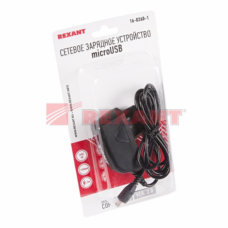 Сетевое зарядное устройство microUSB 220В (СЗУ) (5V, max:1 500mA) шнур 1.2М черное Rexant 16-0260-1 — миниатюра 2