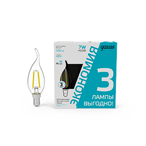 Лампа Gauss Filament Свеча на ветру 7W 580lm 4100К Е14 LED (3 лампы в упаковке) 1/20 104901207T