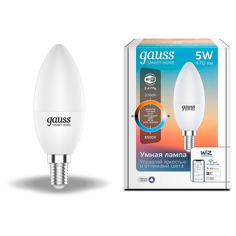 Gauss Лампа Smart Home С37 5W 470lm 2700-6500К Е14 изм.цвет.темп.+диммирование LED 1110112