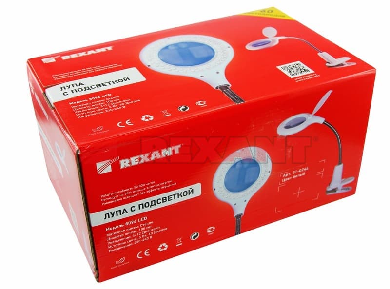 Лупа настольная 3D+12D с подсветкой 60LED, прищепка, белая Rexant 31-0244 — миниатюра 2