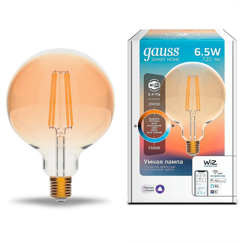 Gauss Лампа Smart Home Filament G95 6,5W 720lm 2000-5500К E27 изм.цвет.темпр.+диммирование LED 1340112