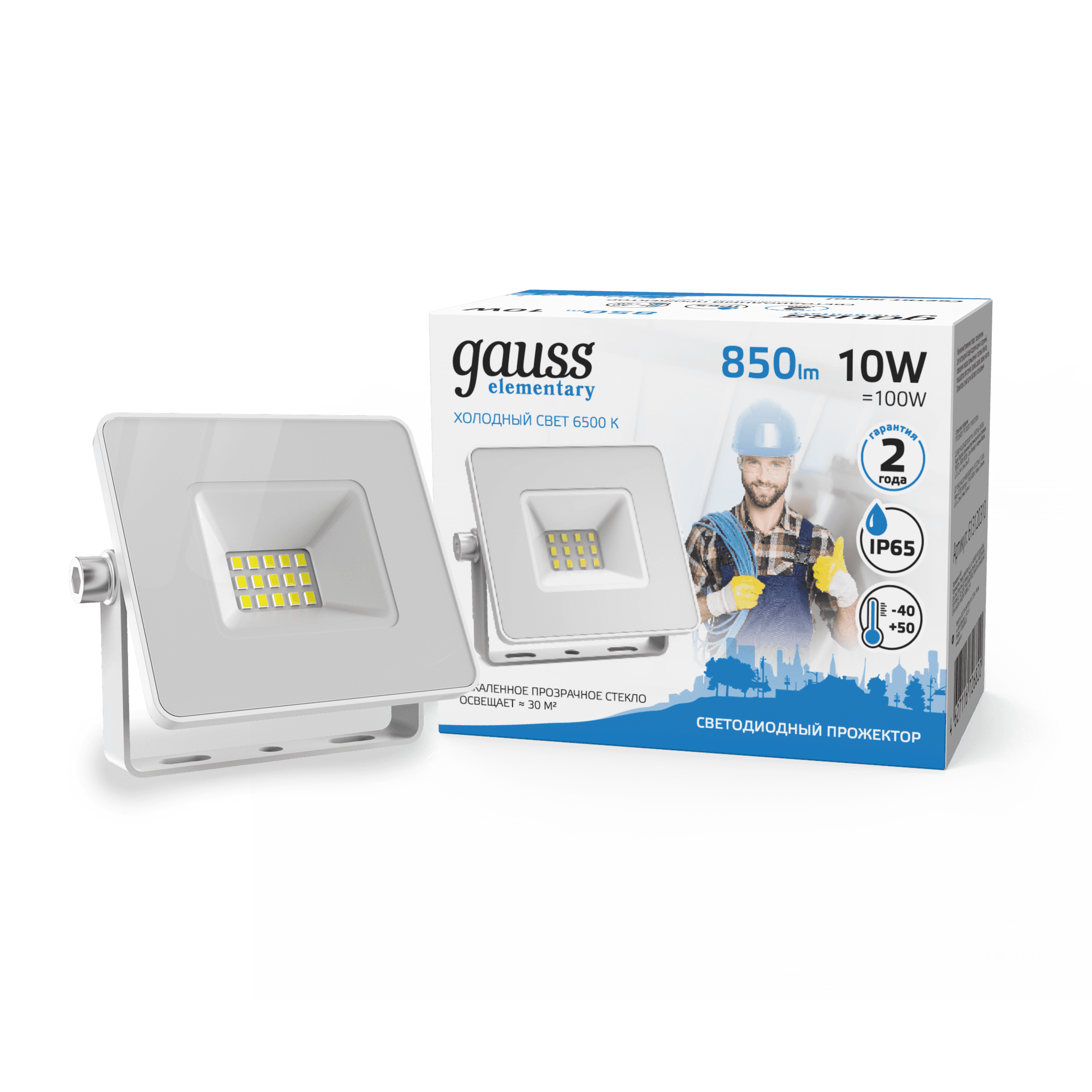 Gauss Прожектор Elementary 10W 850lm 6500K 200-240V IP65 белый LED 613120310 — миниатюра 3