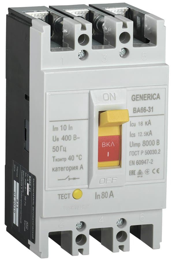 IEK GENERICA Выключатель автоматический ВА66-31 3Р 80А 18кА GENERICA SAV10-3-0080-G