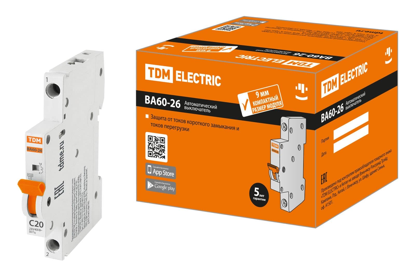 TDM Авт. выкл. ВА60-26-14 1P 20А 4,5кА х-ка С компакт SQ0206-0604