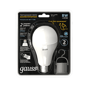 Gauss Лампа A60 8W 490lm 4100K E27 с Li-Ion аккумулятором LED 5 102402208 — миниатюра 1