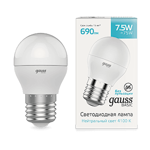 Gauss Лампа Basic Шар 7,5W 690lm 4100K E27 LED 1053228