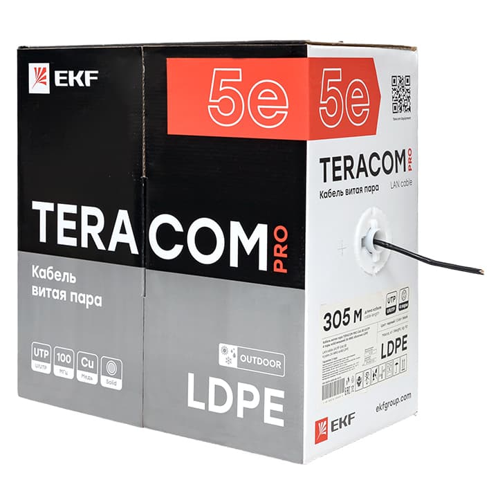 EKF Кабель витая пара TERACOM Cat.5E U/UTP 4 пары solid внешний оболочка LDPE цвет черный (упак. 305м) — миниатюра 3
