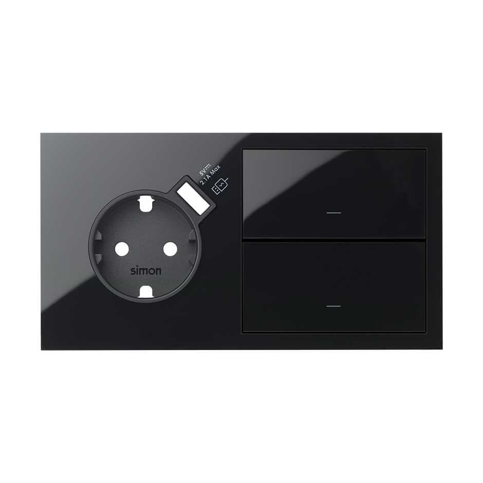 Simon 100 Черный глянец Кит 2 поста, фронт. Накладка на 1 розетку Schuko с з/у USB SC + 2 клавиши выключателей 10020212-138