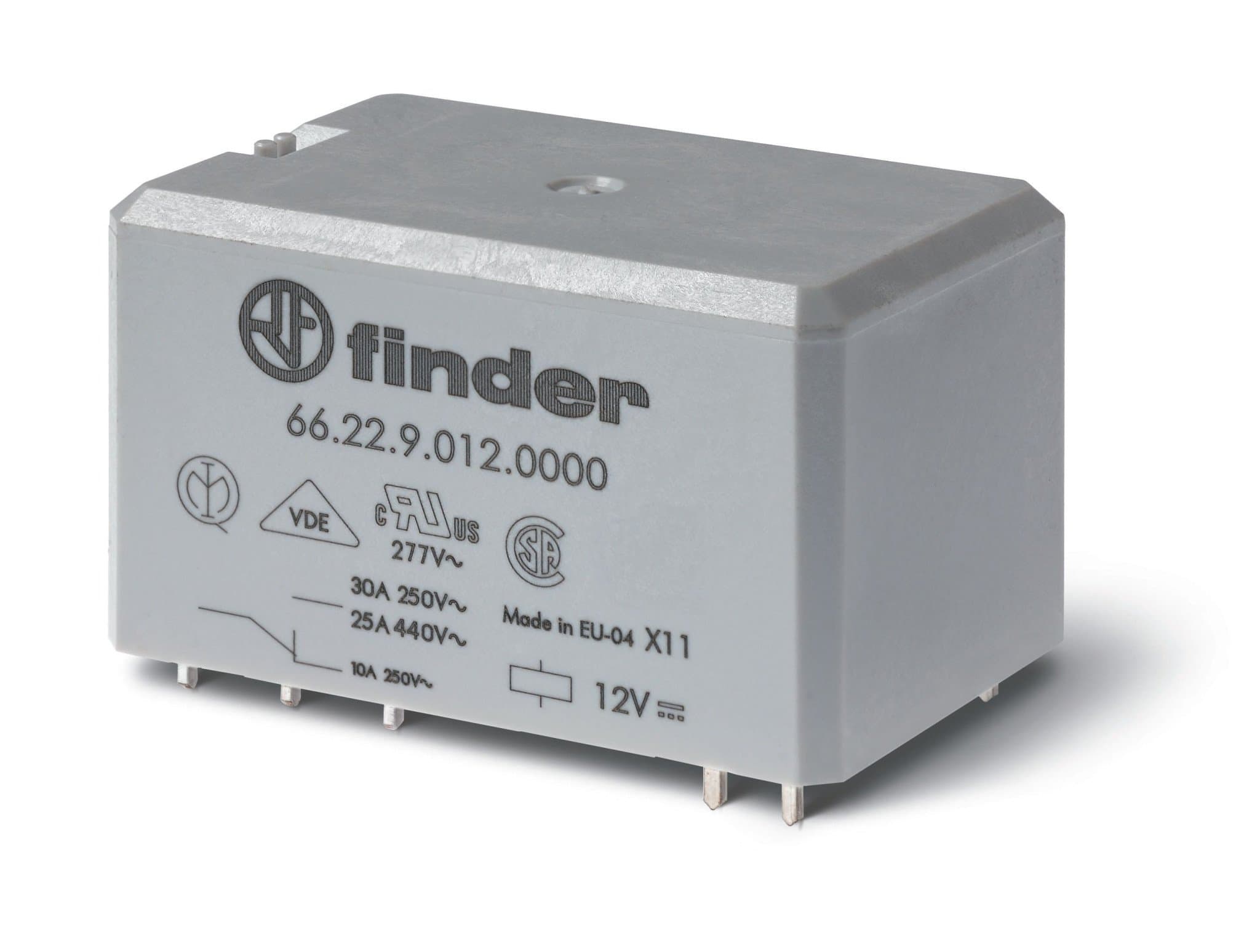 Finder Силовое электромеханическое реле; монтаж на печатную плату, раздвоенные выводы; 2NO 30A; контакты AgNi; катушка 230В AC; степень защиты RTII; У 662282301300
