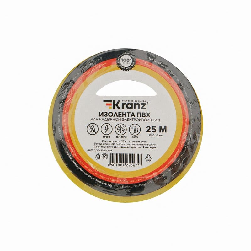 Kranz Изолента ПВХ 0.13х15 мм, 25 м, желто-зеленая (5 шт./уп.) KR-09-2107