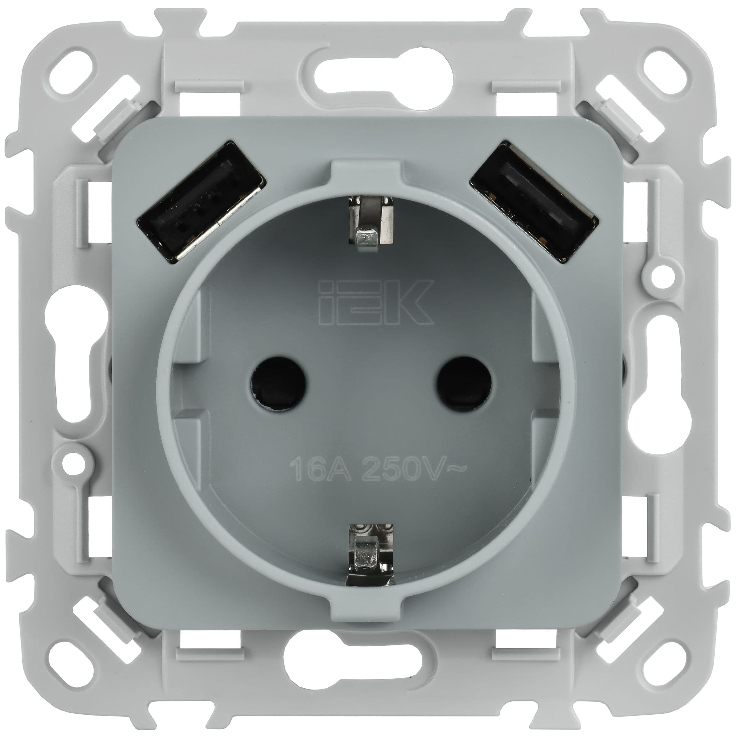 IEK FLITE Серый Розетка 1-местная с заземлением с защитными шторками 16А с USB A+A 31А безвинтовое крепление — миниатюра 2