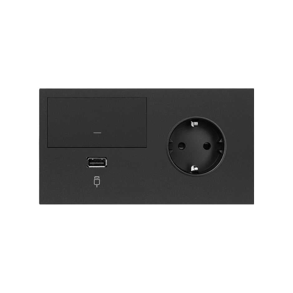 Simon 100 Черный матовый Кит 2 поста, фронт. Накладка на 1 розетку Schuko (справа) + 1 з/у USB SC + 1 клавиша светорегулятора 10020209-238