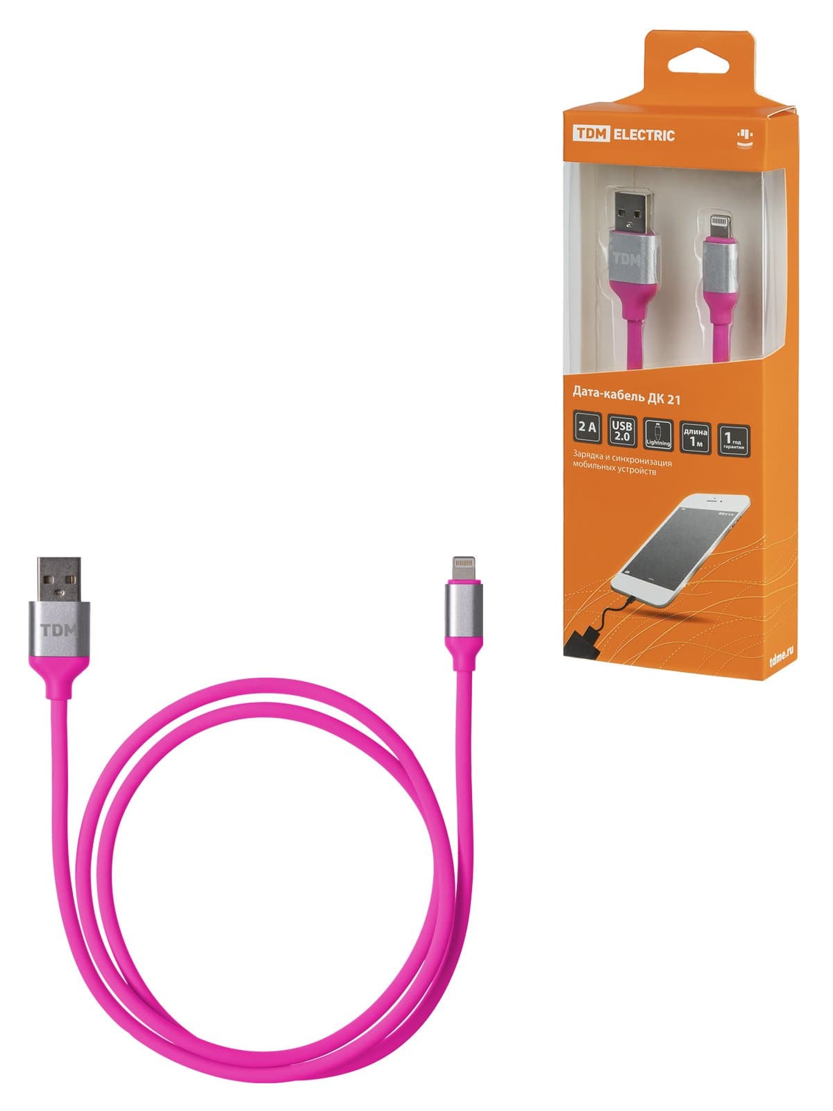 TDM Дата-кабель, ДК 21, USB - Lightning, 1 м, силиконовая оплетка, розовый, SQ1810-0321