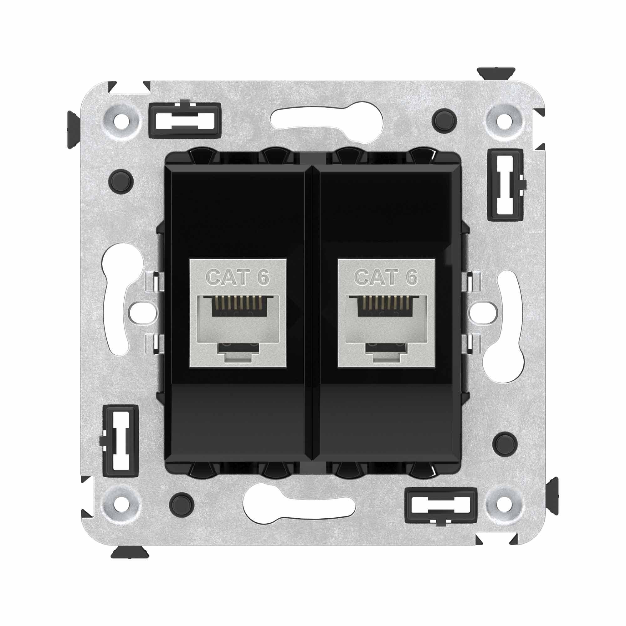 DKC Компьютерная розетка RJ-45 без шторки в стену, кат.6 двойная экранированная, "Avanti", "Черный квадрат" — миниатюра 1