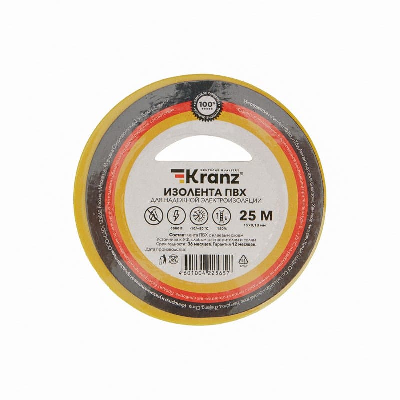 Kranz Изолента ПВХ 0.13х15 мм, 25 м, желтая (5 шт./уп.) KR-09-2102