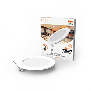 Gauss Светильник Slim круг 9W 610lm 3000K 180-265V IP20 монтаж Ø130 145*22 LED 939111109