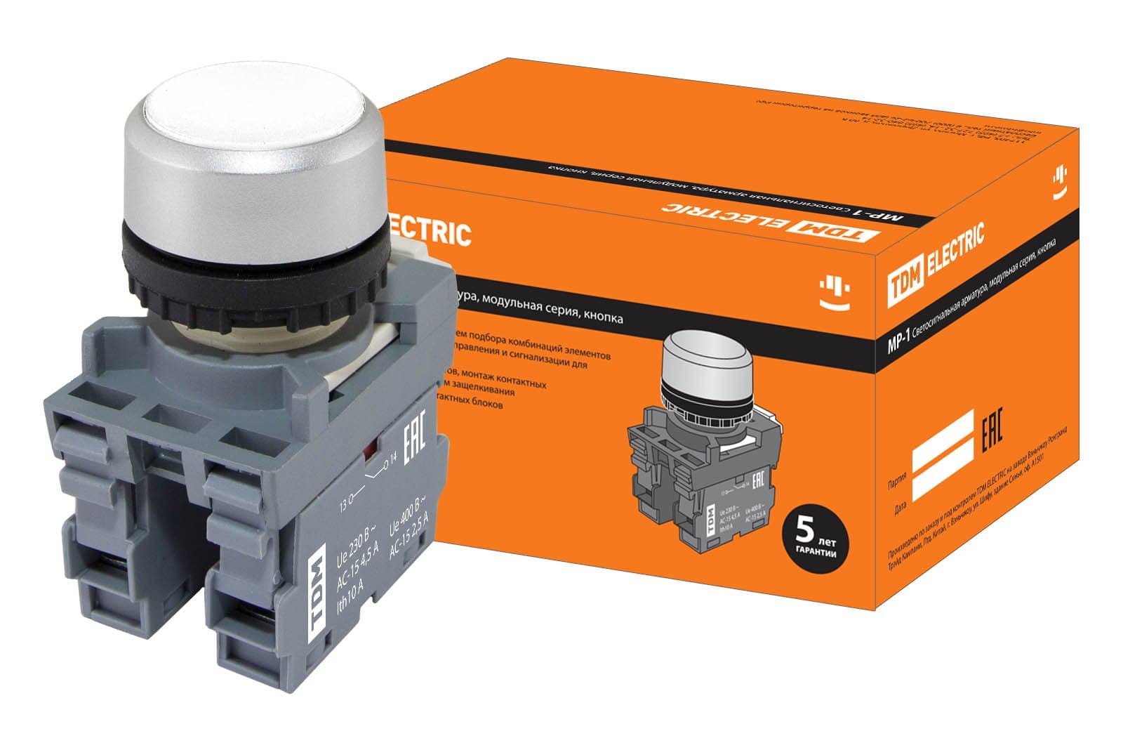 TDM Кнопка MP1-20W в сборе d22мм 1з+1р белая SQ0747-0005