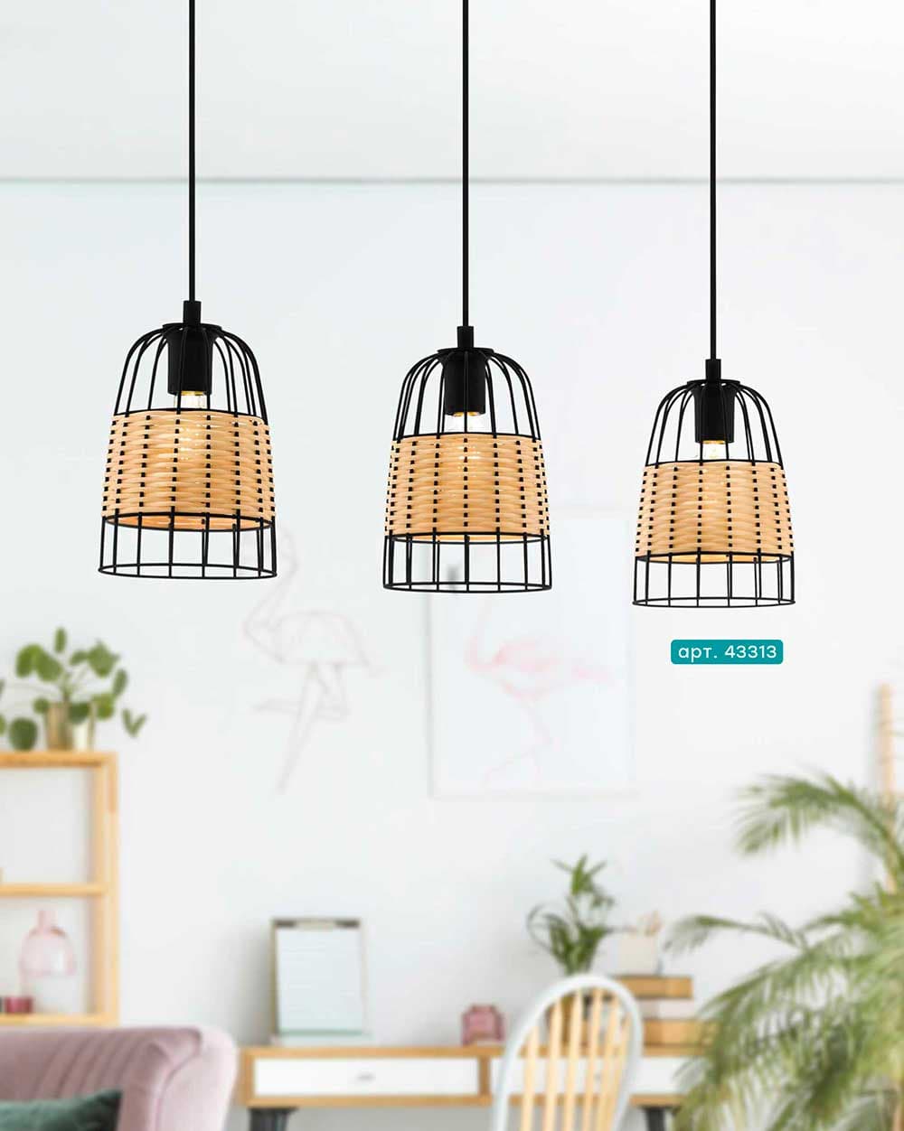 Eglo 43313 Подвес ANWICK, 3x40W(E27), сталь, черный/ротанг, натуральный — миниатюра 2