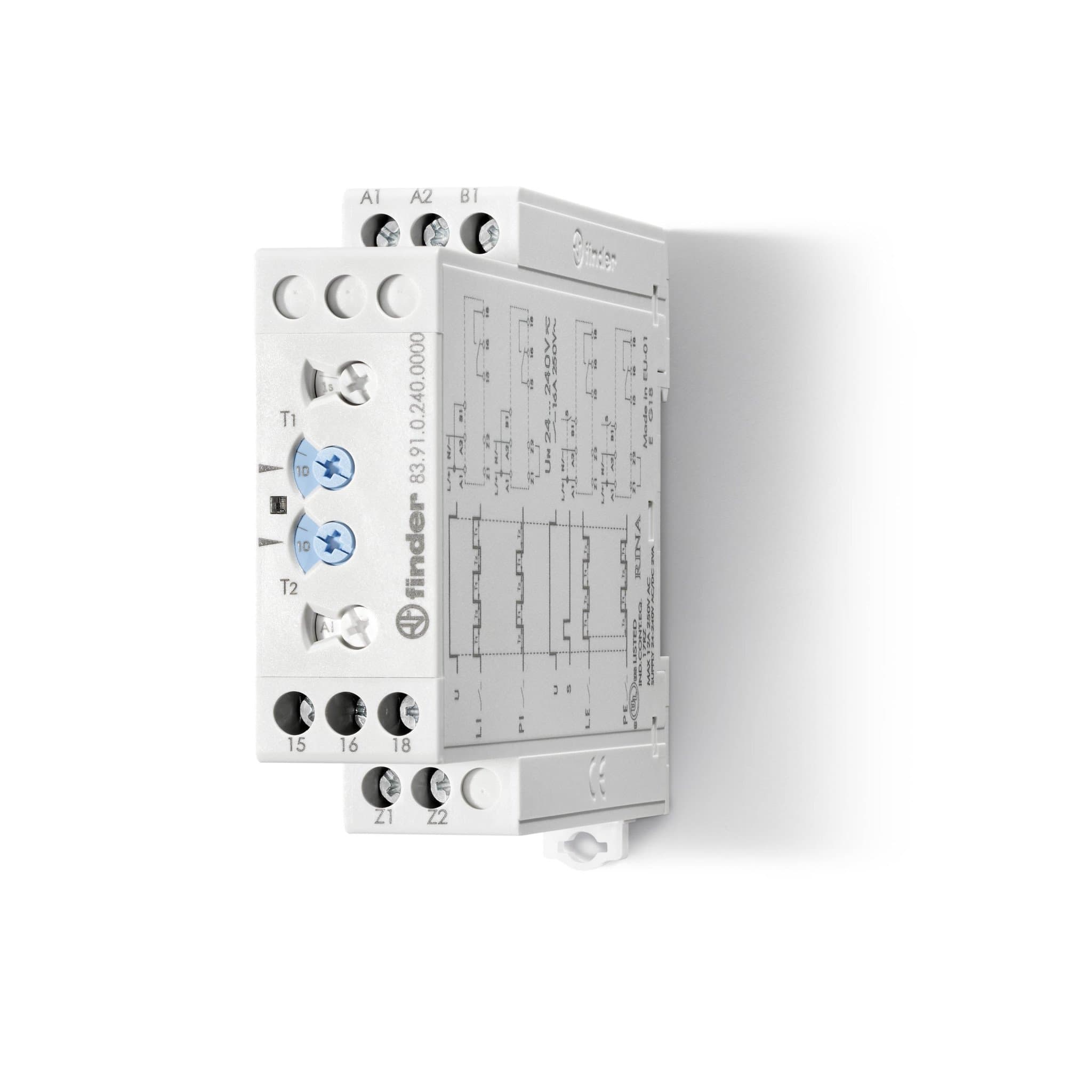 Finder Модульный таймер мультифункциональный (LI, LE, PI, PE); питание 24…240В АС/DC; 1CO 16A; ширина 22.5мм; регулировка времени 0.05с…10дней; степен 839102400000T
