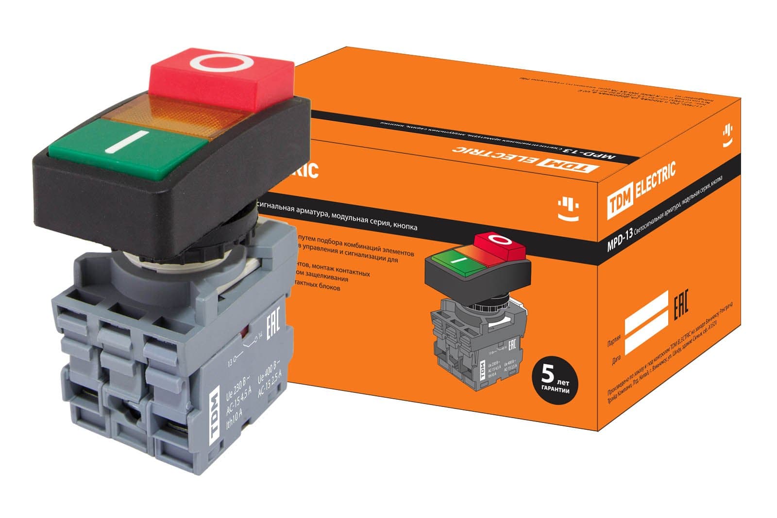 TDM Кнопка двойная MPD13-11Y (зеленая/красная-выступающая) (LED) d22мм/220В (I/O) линза желтая SQ0747-0037