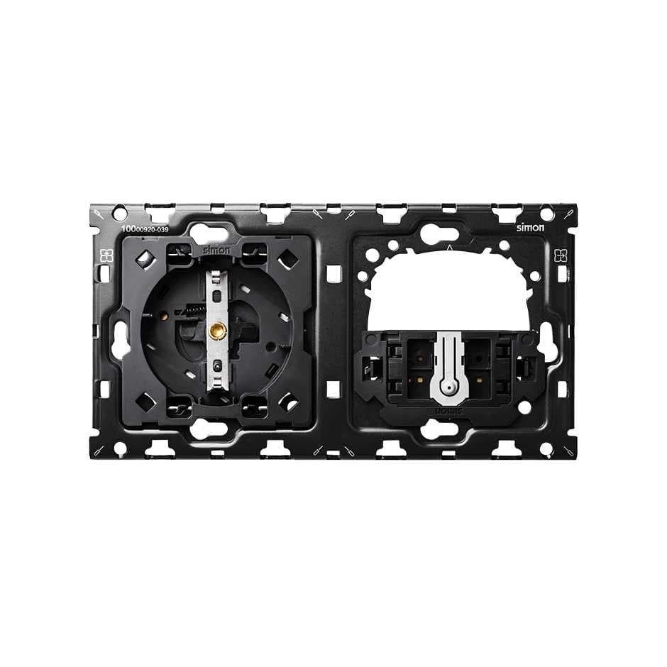 Simon 100 Кит 2 поста механизм 1 розетка Schuko + 1 переключатель (проходной) + суппорт 10010203-039