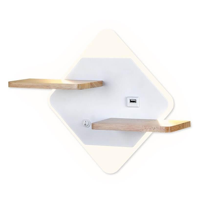 Ambrella Настенный светодиодный светильник с выключателем, USB и полкой FW100 WH/WD белое/дерево LED 3000K/4200K/6400K 12W 340*250*105 — миниатюра 1