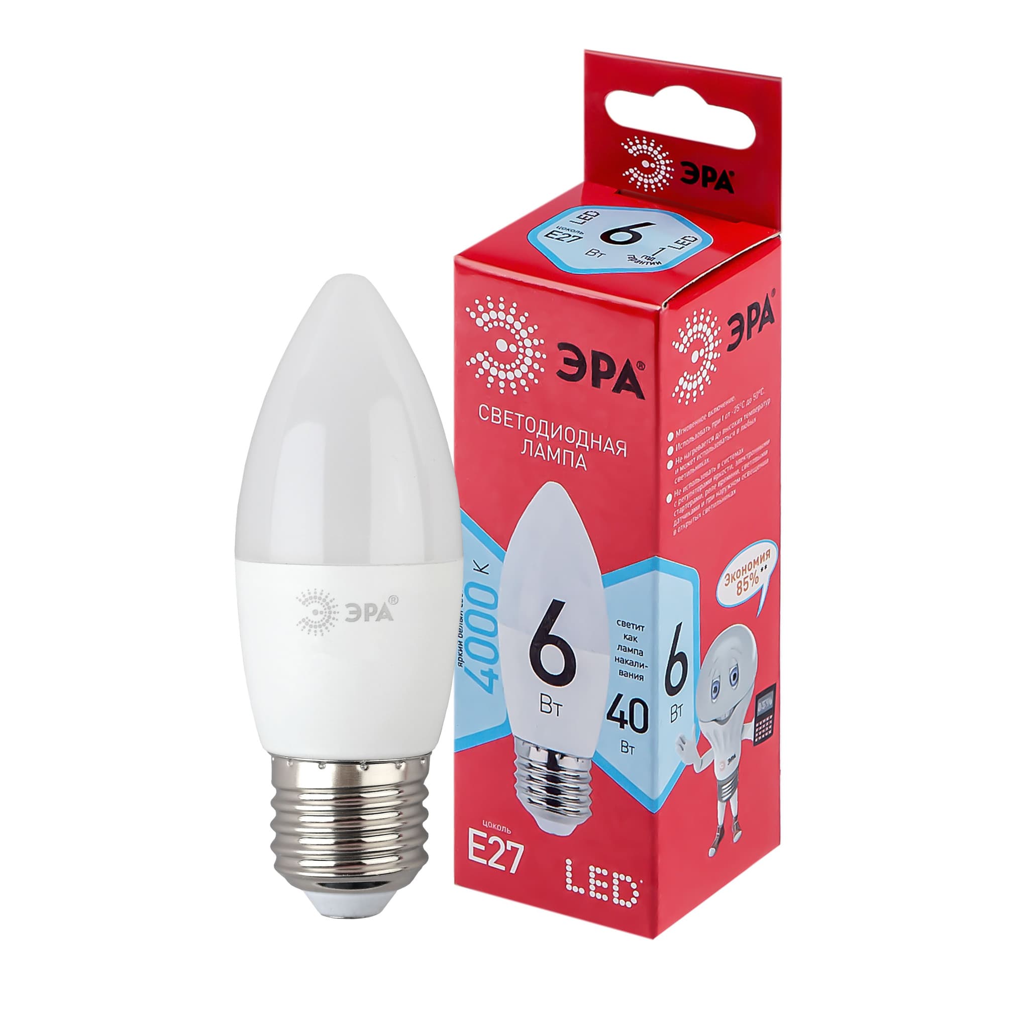 ЭРА Лампочка светодиодная ЭКО LED B35-6W-840-E27 R E27 6Вт свеча нейтральная холодно белая