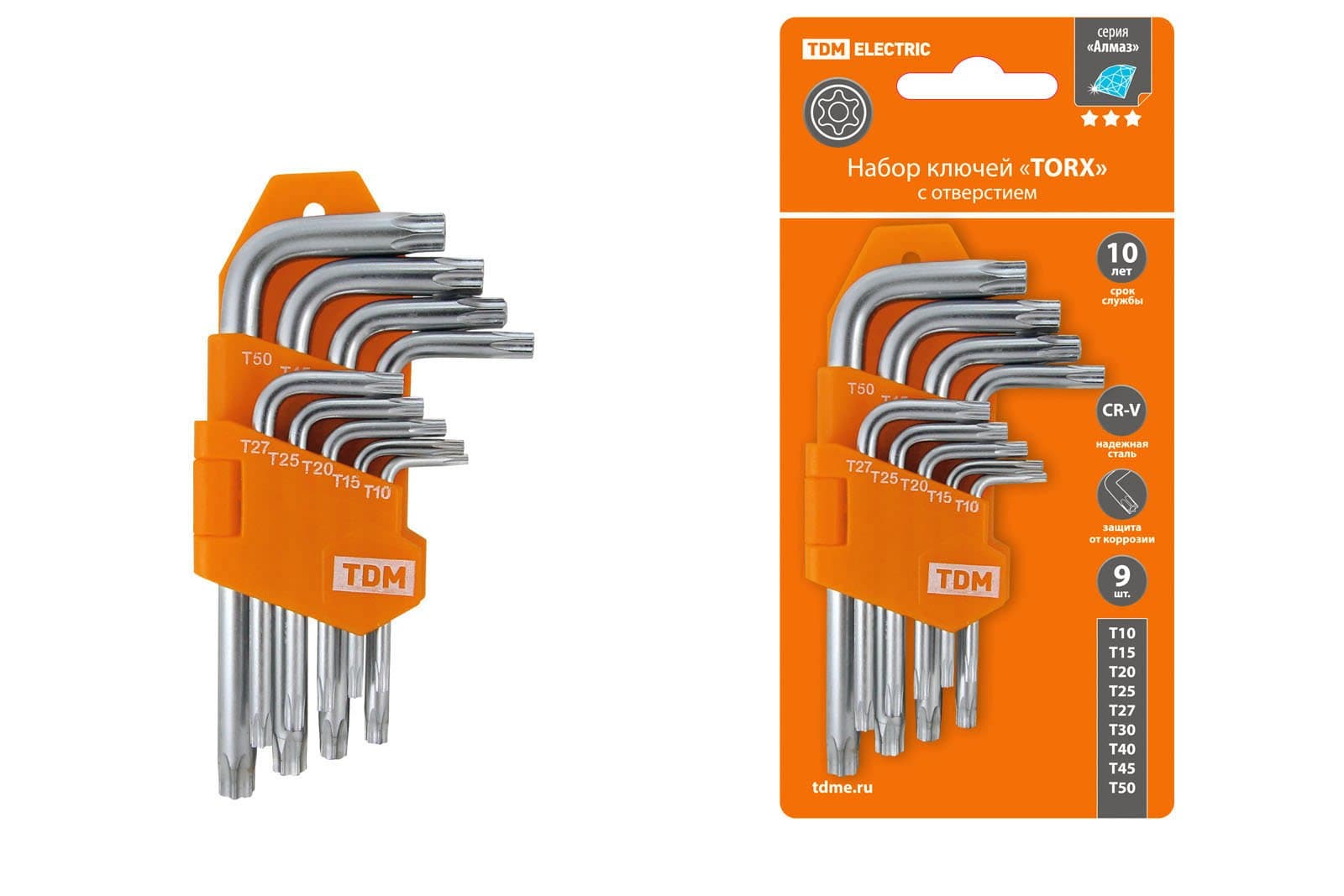 TDM Набор ключей "TORX" с отверстием 9 шт: Т10-Т50 (держатель в блистере), CR-V сталь "Алмаз" SQ1021-0102
