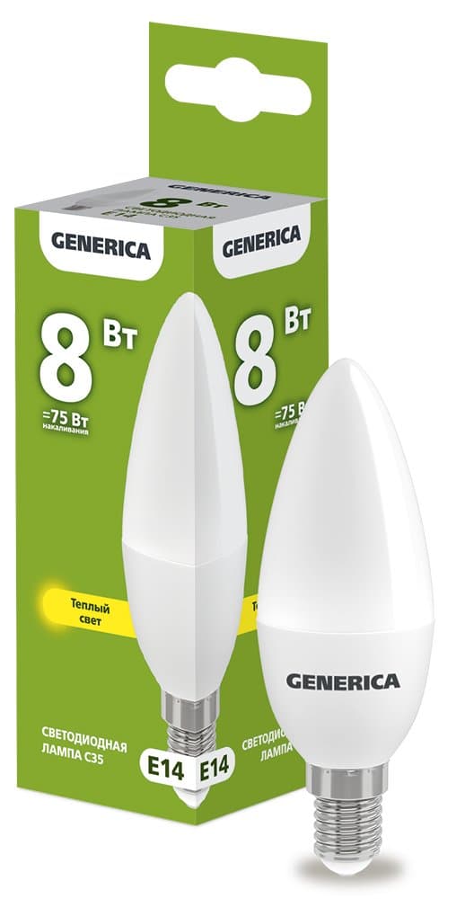 IEK GENERICA Лампа LED C35 свеча 8Вт 230В 3000К E14 LL-C35-08-230-30-E14-G