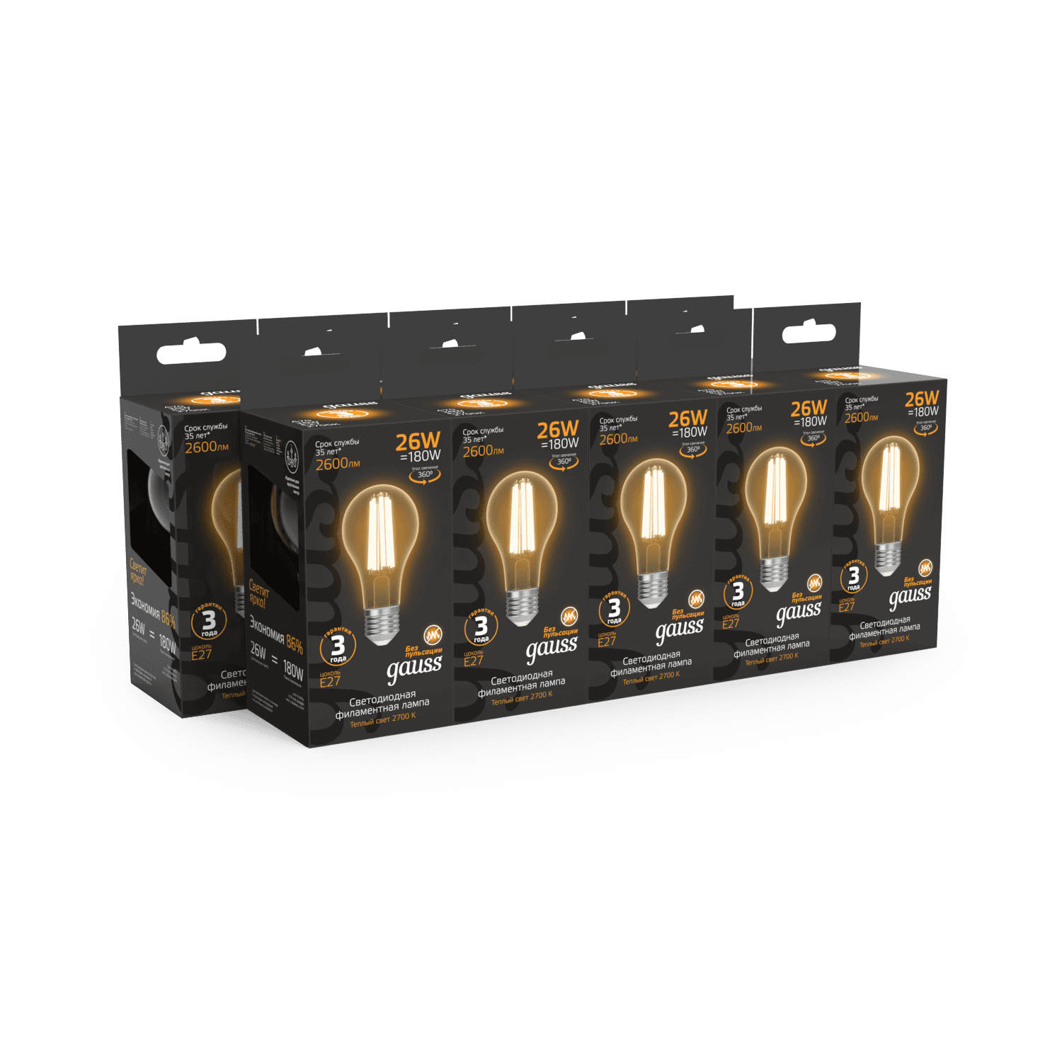 Gauss Лампа Filament А70 26W 2600lm 2700К Е27 LED 1/10/40 102902126 — миниатюра 7