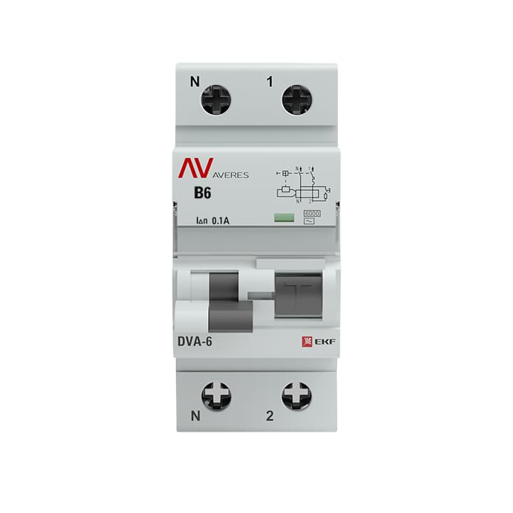 EKF Averes DVA-6 Автоматический выключатель дифференциального тока (B) 1P+N 6А/100мА тип АС 6кА rcbo6-1pn-6B-100-ac-av — миниатюра 2