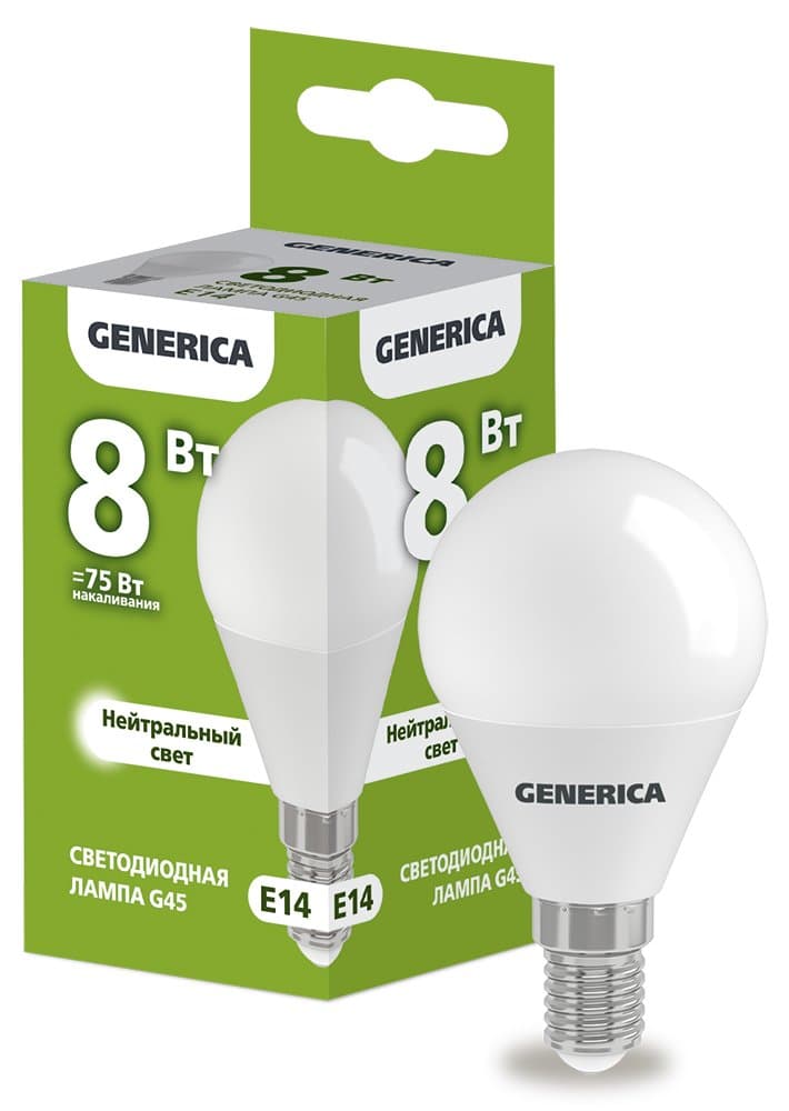 IEK GENERICA Лампа LED G45 шар 8Вт 230В 4000К E14 LL-G45-08-230-40-E14-G