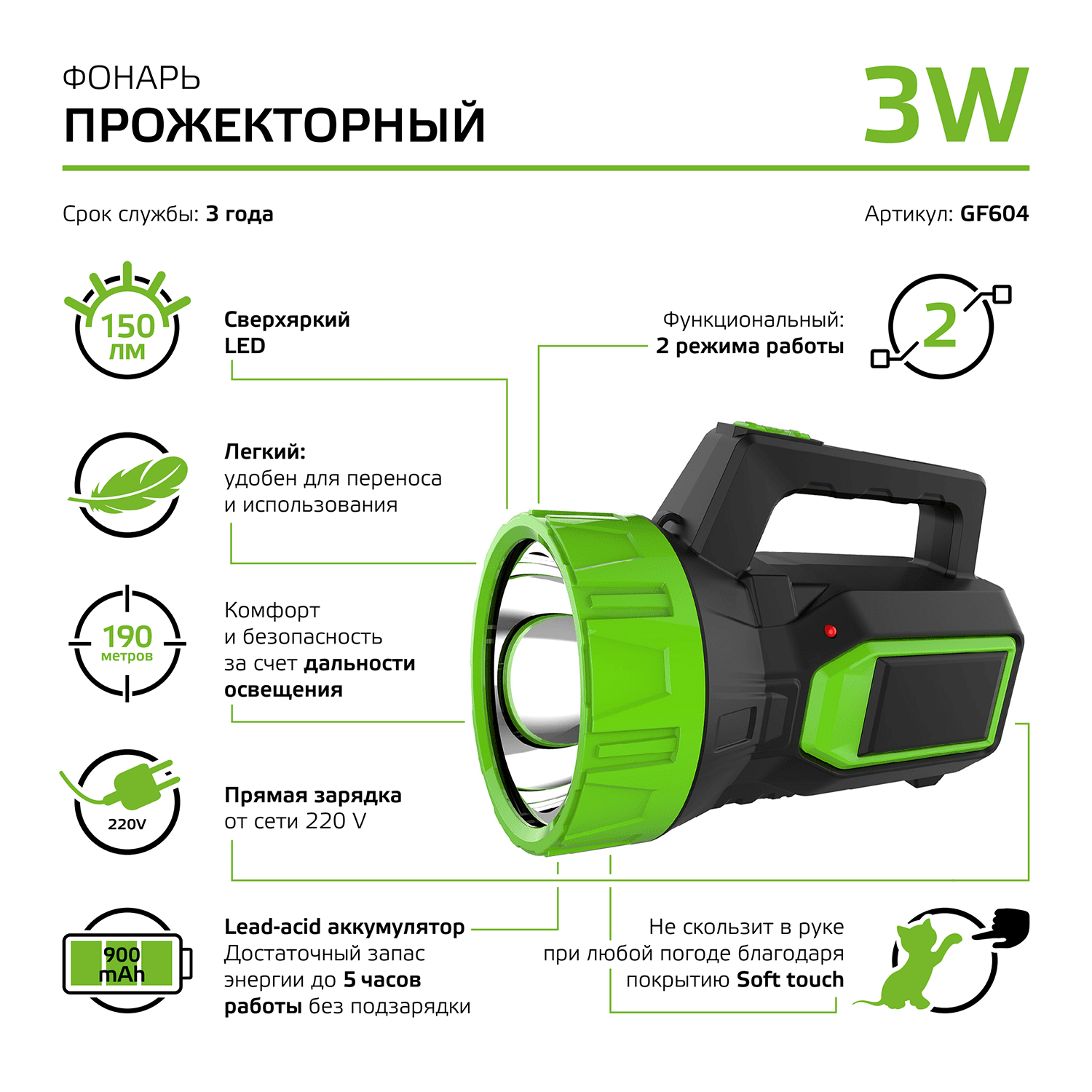 Gauss Фонарь прожекторный модель GFL604 3W 150lm lead acid 900mAh LED 1/10/40 GF604 — миниатюра 7
