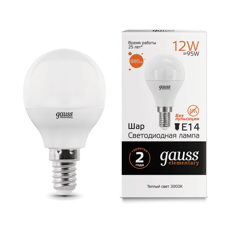 Gauss Лампа Elementary Шар 12W 880lm 3000K Е14 LED 53112