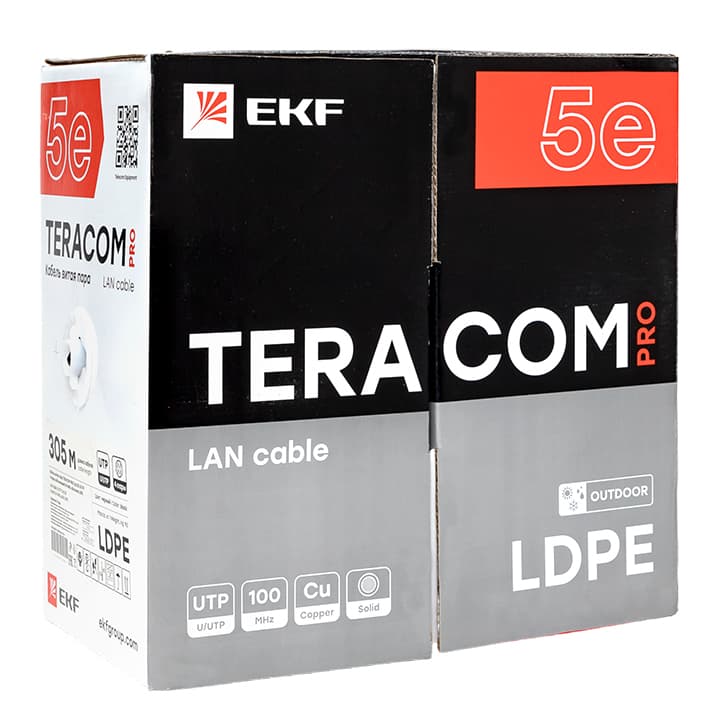 EKF Кабель витая пара TERACOM Cat.5E U/UTP 4 пары solid внешний оболочка LDPE цвет черный (упак. 305м) — миниатюра 2
