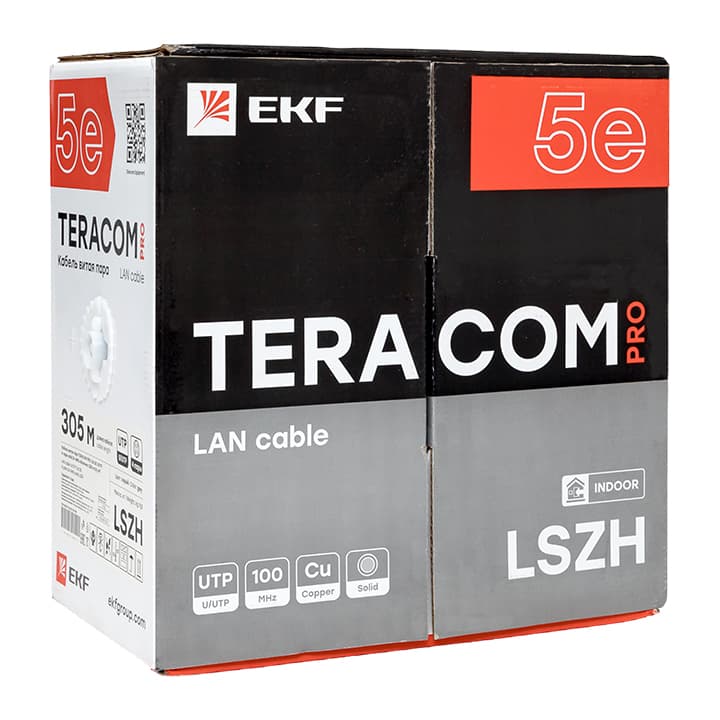 EKF Кабель витая пара TERACOM PRO Cat.5E U/UTP 4 пары solid 24AWG оболочка LSZH нг(А)-HF цвет серый (упак. 305м) — миниатюра 2