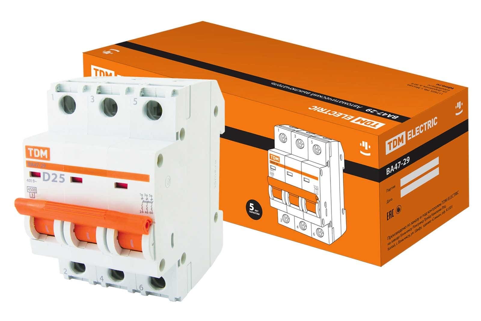 TDM Авт. выкл.ВА47-29 3Р 25А 4,5кА х-ка D SQ0206-0175 — миниатюра 1