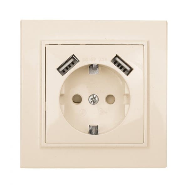 EKF Basic Минск Бежевый Розетка с/з, со шторками, 16А, с 2 USB 2,1А, СП — миниатюра 1