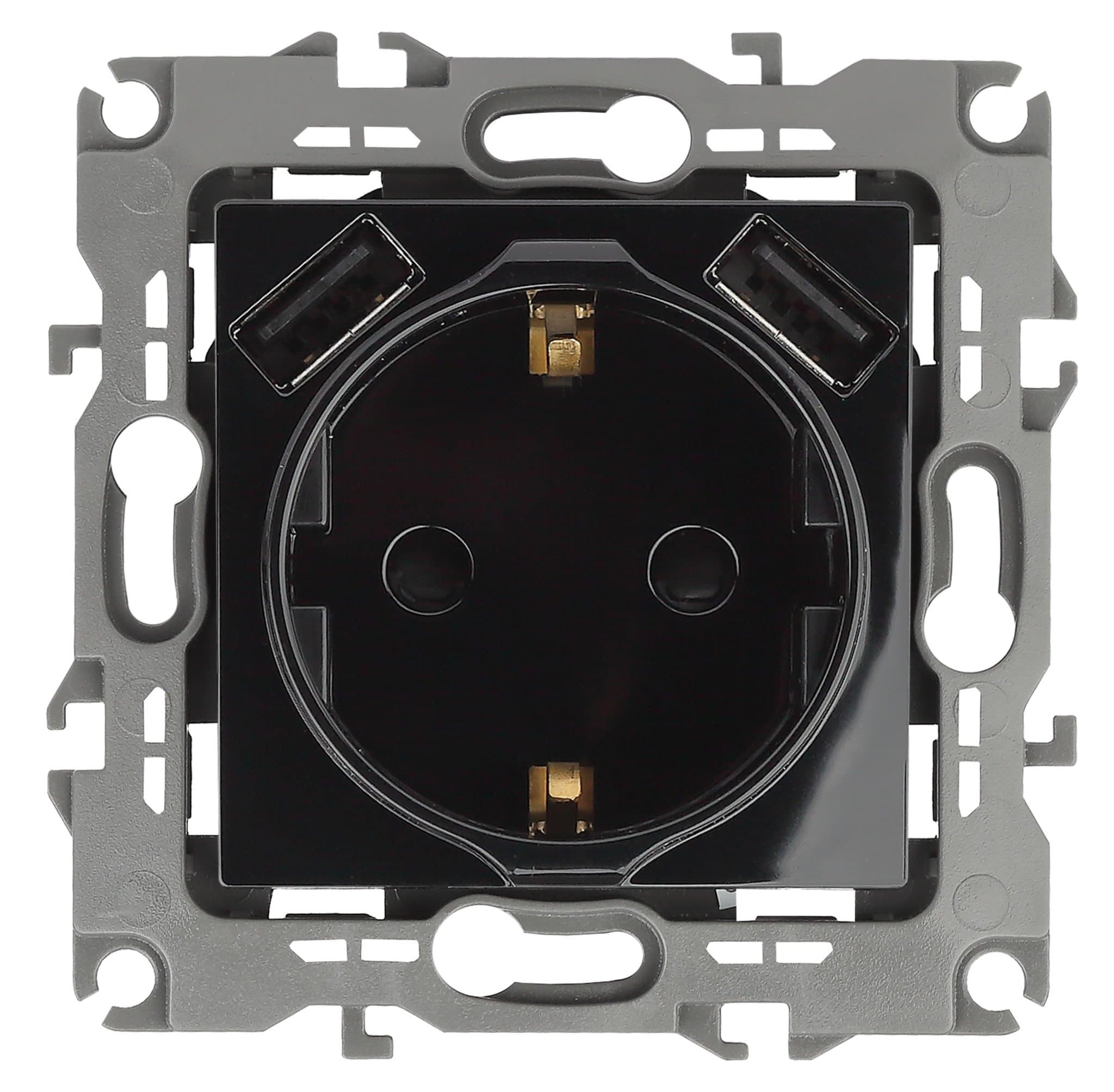 ЭРА 12-4109-06 Чёрный Розетка 2P+E 16A-250В, штор. с 2xUSB 5В-3А, 12