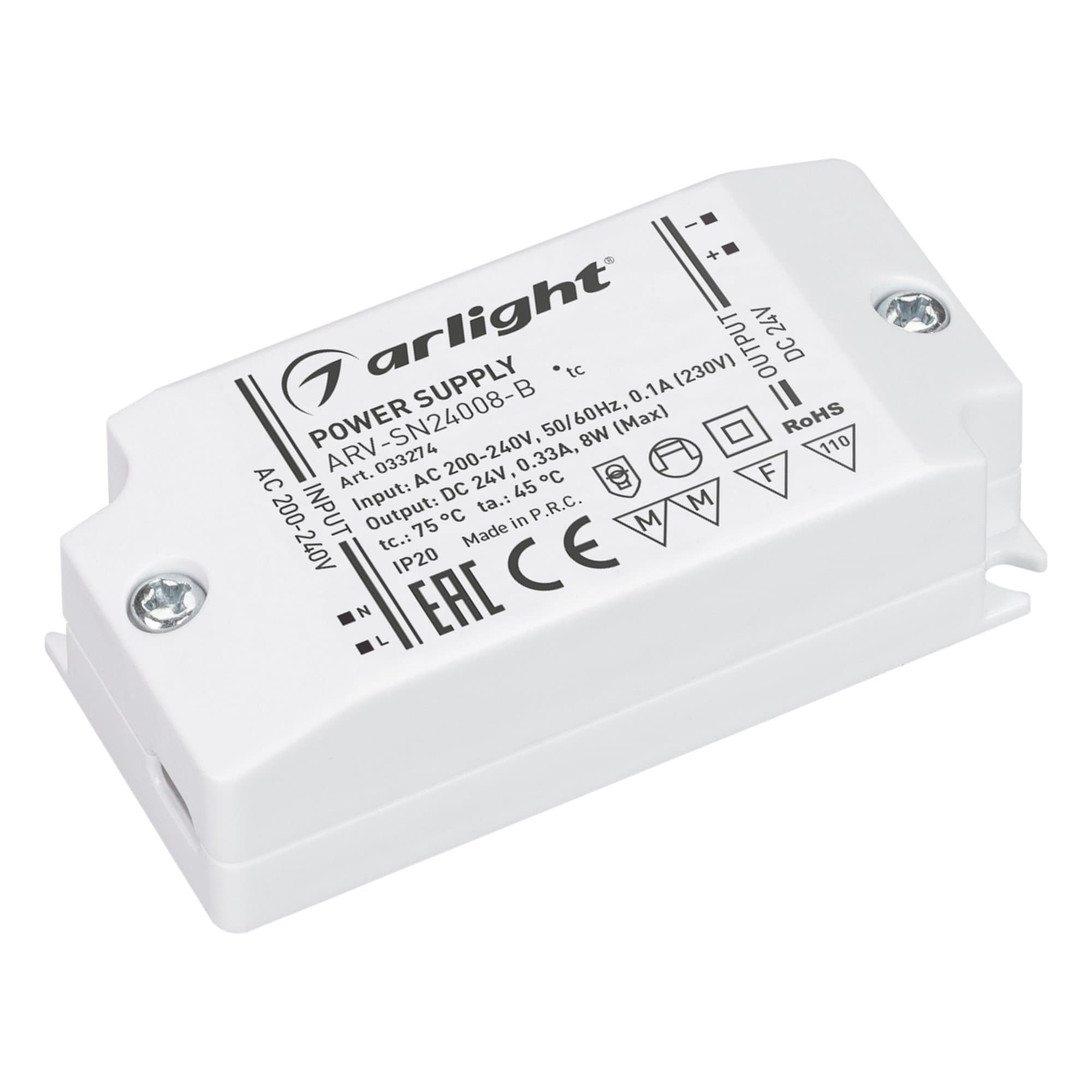 Arlight Блок питания ARV-SN24008-B (24V, 0.33A, 8W) (IP20 Пластик, 3 года) 033274