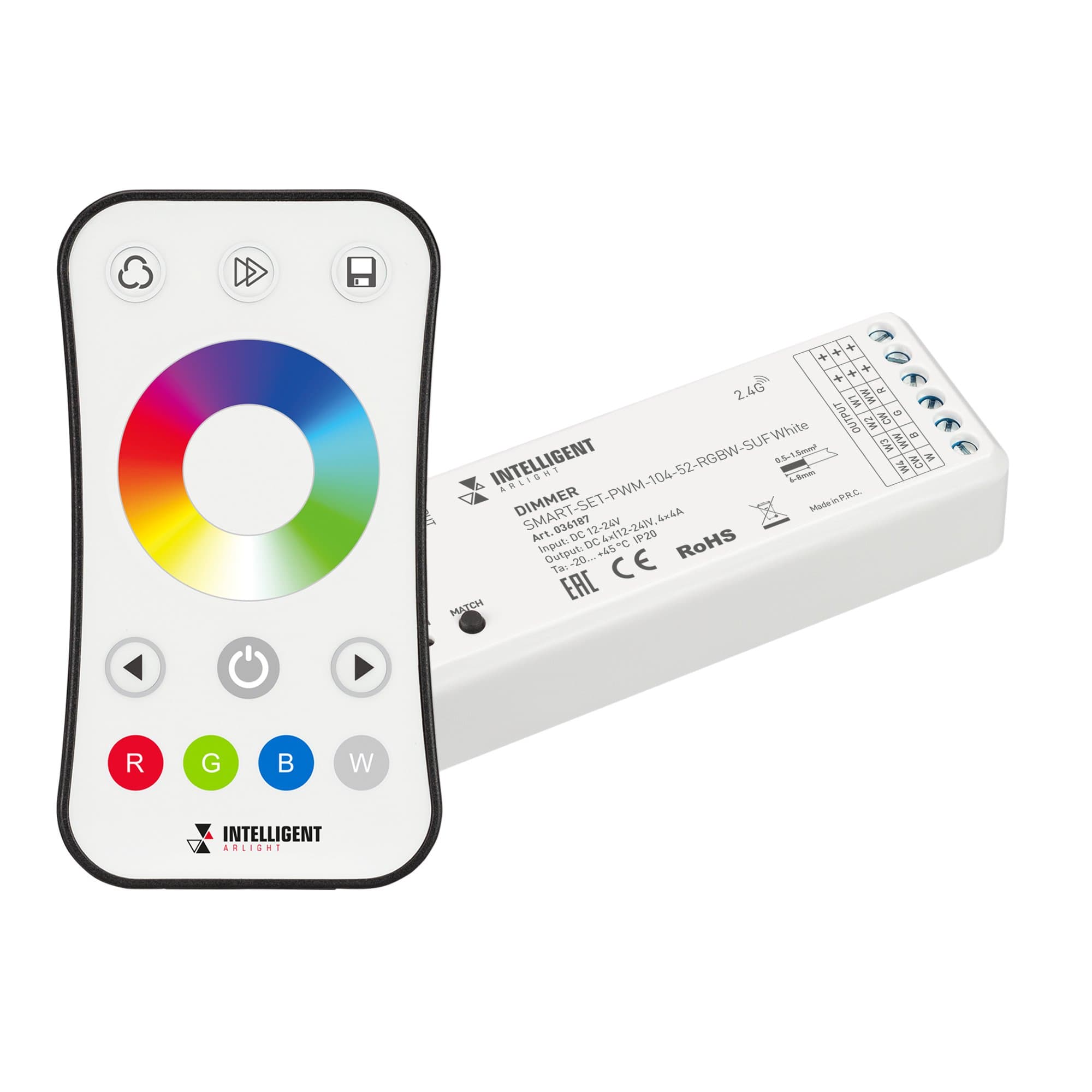 Arlight INTELLIGENT ARLIGHT Диммер SMART-SET-PWM-104-52-RGBW-SUF White (12-24V, 4x4A, ПДУ RING 10кн, 2.4G) (IARL, IP20 Пластик, 5 лет) 036187