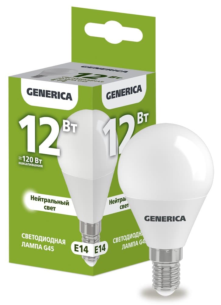 IEK GENERICA Лампа LED G45 шар 12Вт 230В 4000К E14 LL-G45-12-230-40-E14-G
