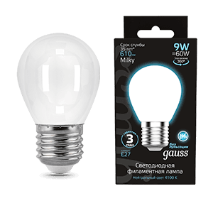Gauss Лампа Filament Шар 9W 610lm 4100К Е27 milky LED 105202209